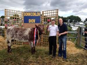 Adrian Flatley with Judge Pat Sheedy and Bethlehem Patch the Beef Shorthorn Reserve Champion 2014